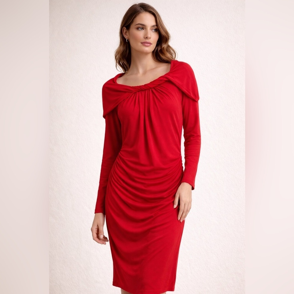 ELLEN TRACY Red Ruched Cowl Neck Long Sleeve Cocktail Gown/size S